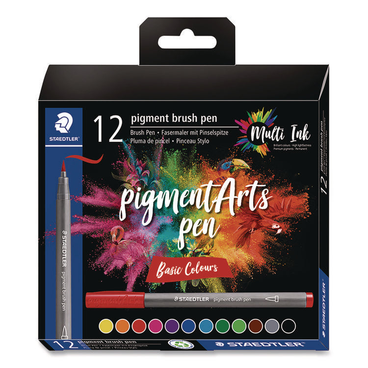 Pigment Brush Pen Set, Medium-Firm, Assorted Basic Colors, 12/Pack