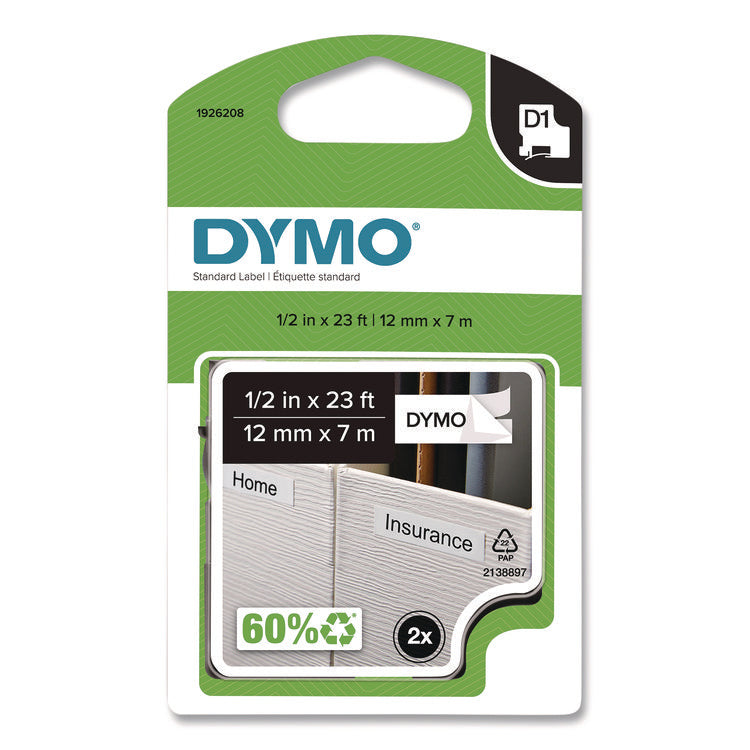 D1 Standard Labels, 0.5" x 23 ft, Black Print on White Tape, 2/Pack