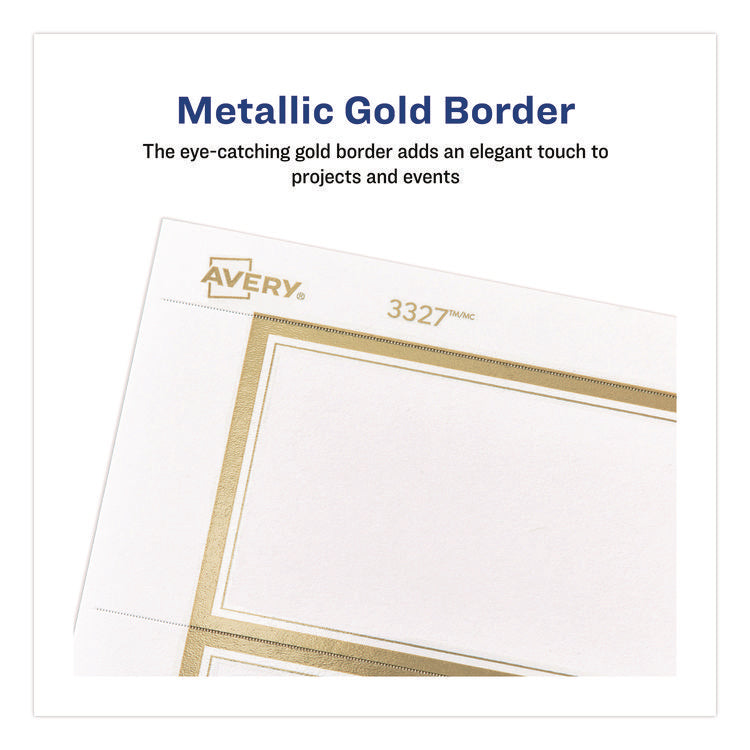 Business Cards with Metallic Gold Borders, Inkjet/Laser, 2 x 3.5, White, 100 Cards, 10 Cards/Sheet, 10 Sheets/Pack