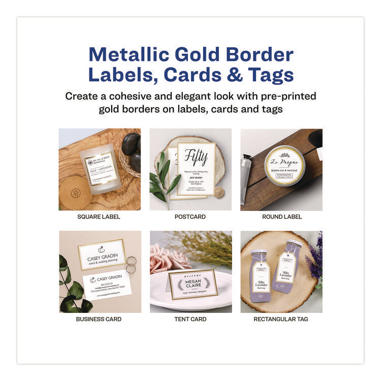 Business Cards with Metallic Gold Borders, Inkjet/Laser, 2 x 3.5, White, 100 Cards, 10 Cards/Sheet, 10 Sheets/Pack