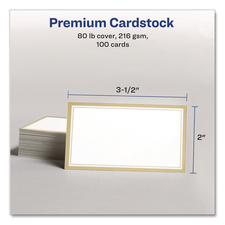 Business Cards with Metallic Gold Borders, Inkjet/Laser, 2 x 3.5, White, 100 Cards, 10 Cards/Sheet, 10 Sheets/Pack