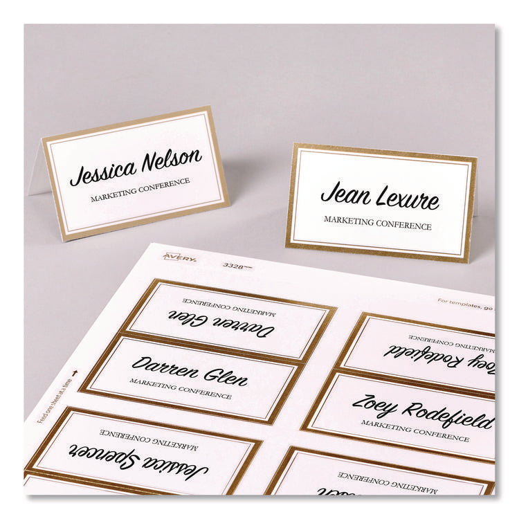 Matte White Metallic Gold Border Tent Cards, 3.5 x 2, 4 Cards/Sheet, 20 Sheets/Pack
