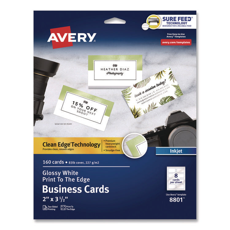 Print to the Edge Business Cards with Sure Feed Technology, 2 x 3.5, White, 160 Cards, 8/Sheet, 20 Sheets/Pack