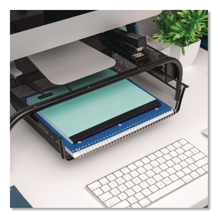 Metal Mesh Monitor Stand with Paper Tray, 20" x 11.5" x 5.5", Black, Supports 33 lb, 2/Pack