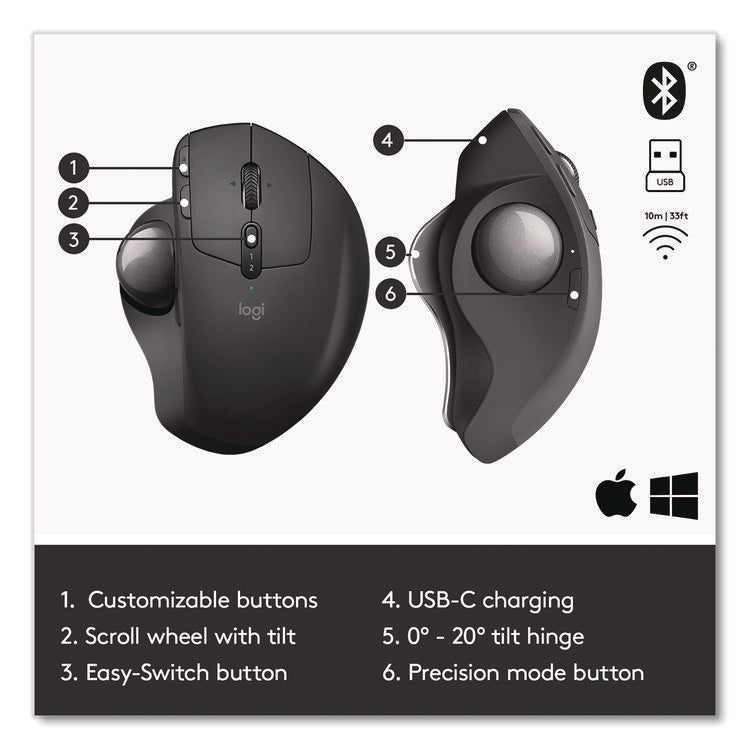 MX Ergo Plus Advanced Wireless Trackball Mouse, 2.4 GHz Frequency/33 ft Wireless Range, Right Hand Use, Black