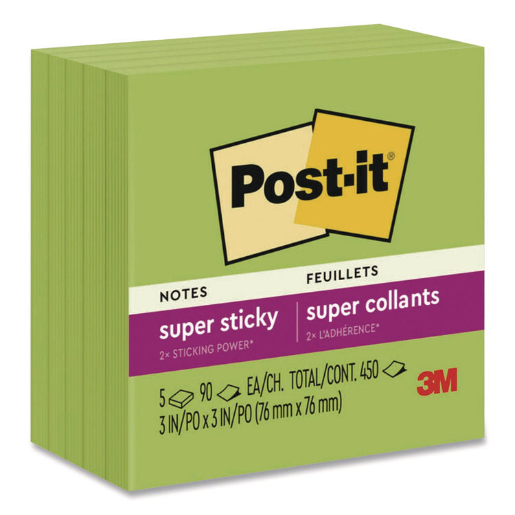 Super Sticky Pads in Energy Boost Collection Colors, 3 x 3, Limeade, 90 Sheets/Pad, 5 Pads/Pack