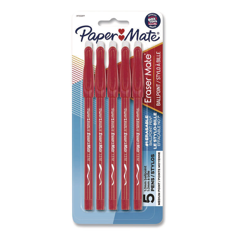 Eraser Mate Ballpoint Pen, Stick, Medium 1 mm, Red Ink, Red Barrel, 5/Pack