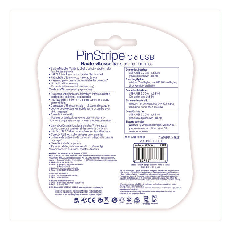 PinStripe USB 3.0 Flash Drive, 16 GB, Assorted Colors, 5/Pack