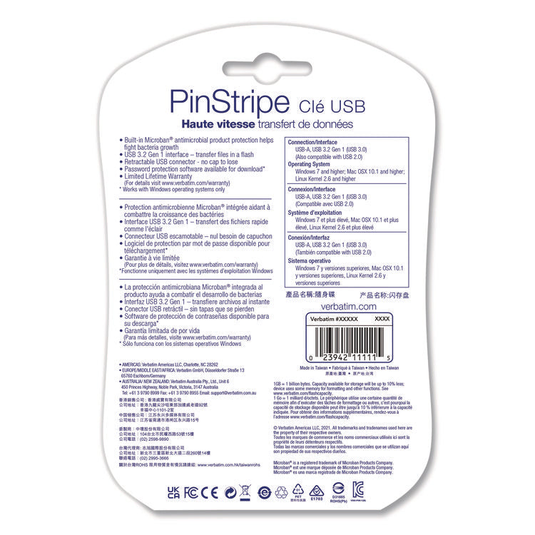 PinStripe USB 3.0 Flash Drive, 128 GB, Blue/Green/Red, 3/Pack