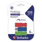 PinStripe USB 3.0 Flash Drive, 128 GB, Blue/Green/Red, 3/Pack