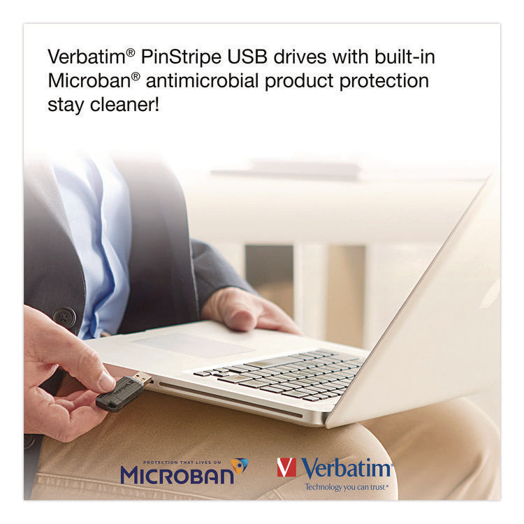 Pinstripe USB 2.0 Flash Drive, 64 GB, Black, 10/Pack