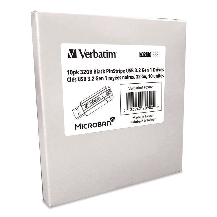 Pinstripe USB 3.2 Flash Drive, 32 GB, Black 10/Pack