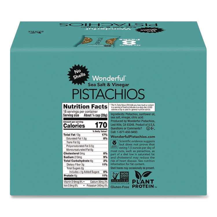 Wonderful No Shells Pistachios, Sea Salt and Vinegar, 2.25 oz Bag, 8/Box