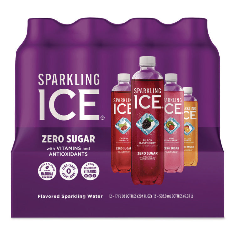 Variety Pack Sparkling Water, Cherry Limeade/Black Raspberry/Orange Mango/Kiwi Strawberry, 17 oz Bottle, 12/Pack