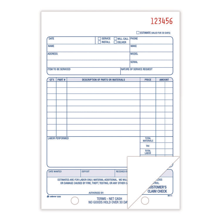 Multipart Repair Order Pad, Two-Part Carbonless, 5.56 x 7.94, 50 Forms Total