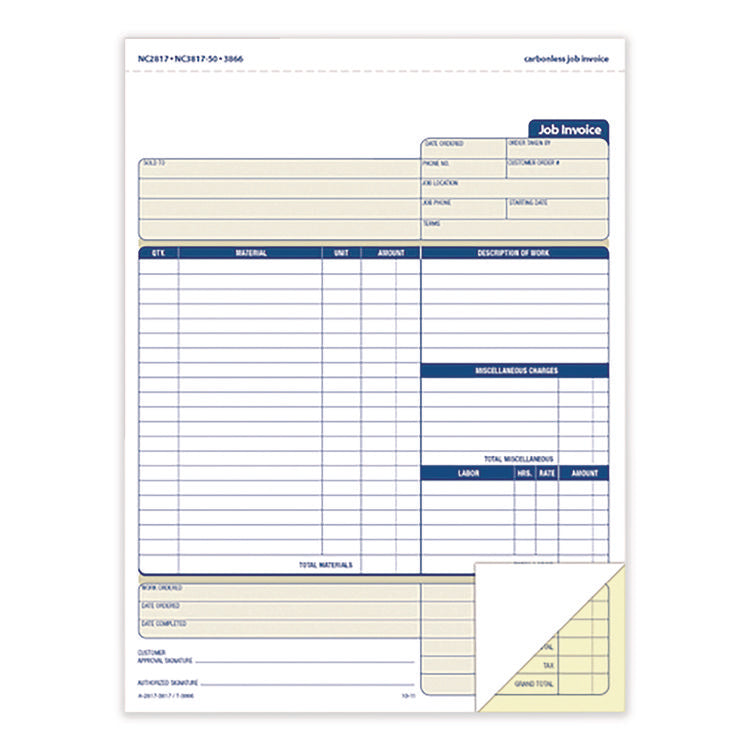 Multipart Job Invoice Forms, Two-Part Carbonless, 8.5 x 10.94, 100 Forms Total