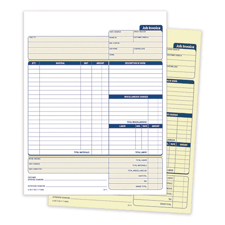 Multipart Job Invoice Forms, Two-Part Carbonless, 8.5 x 10.94, 100 Forms Total