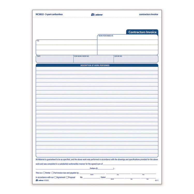 Multipart Contractor Invoice Forms, Three-Part Carbonless, 8.5 x 10.94, 100 Forms Total