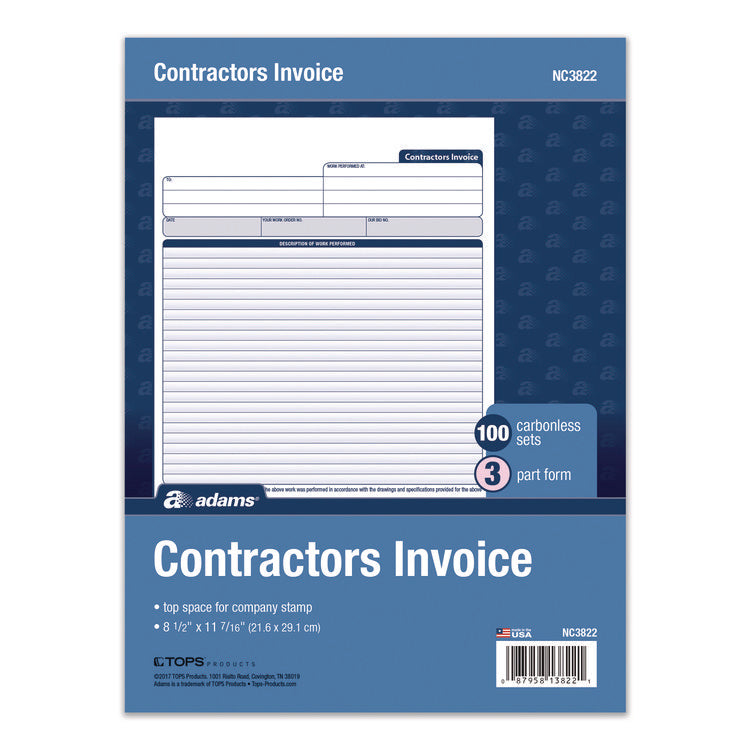 Multipart Contractor Invoice Forms, Three-Part Carbonless, 8.5 x 10.94, 100 Forms Total