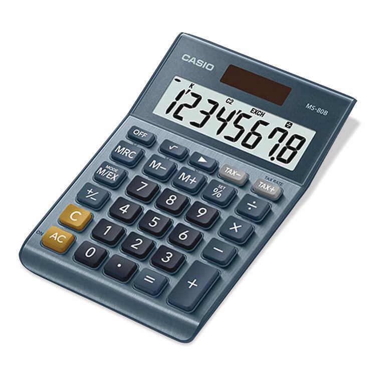 MS80B 8-Digit Battery and Solar Basic Calculator, LCD, Navy Blue