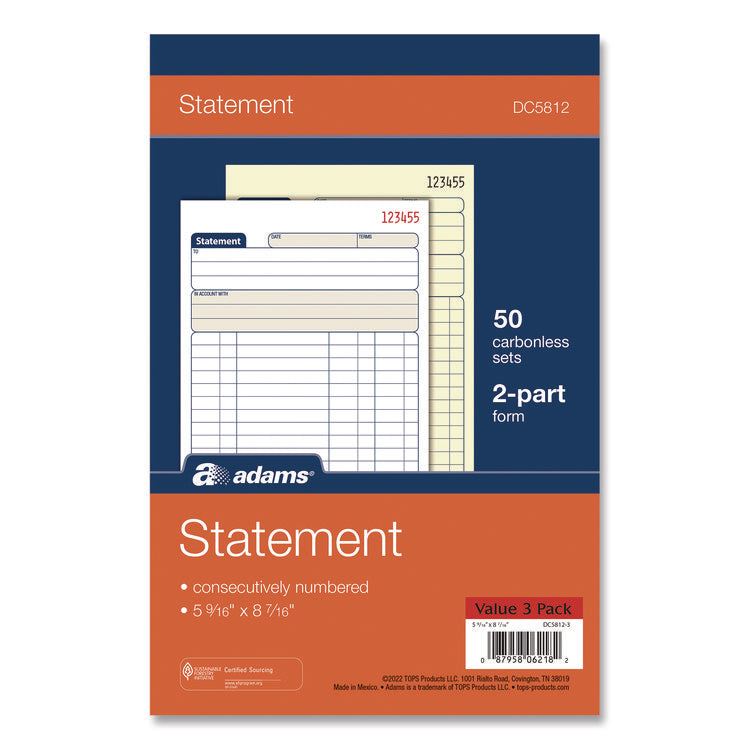 Multipart Statement Pad, Two-Part Carbonless, 5.56 x 7.94, 50 Sets/Pad, 3 Pads/PK