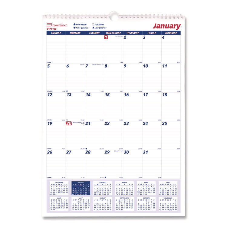 Twin-Wirebound Wall Calendar, One Month per Page, 12 x 17, White Sheets, 12-Month (Jan to Dec): 2025