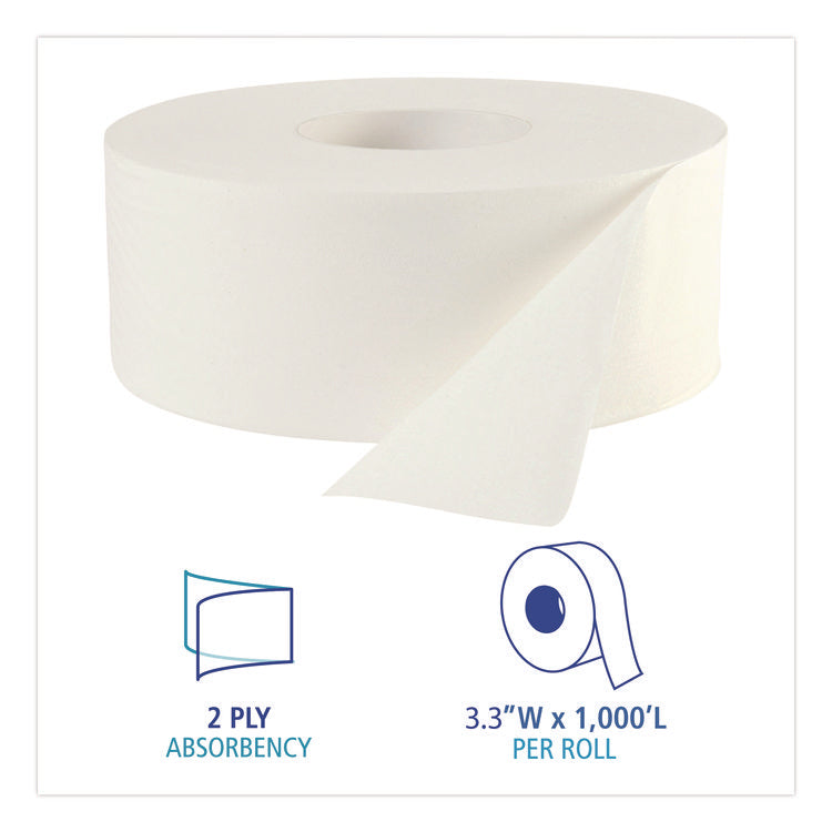 JRT Bath Tissue, Jumbo, Septic Safe, 2-Ply, White, 3.3" x 1,000 ft, 12 Rolls/Carton