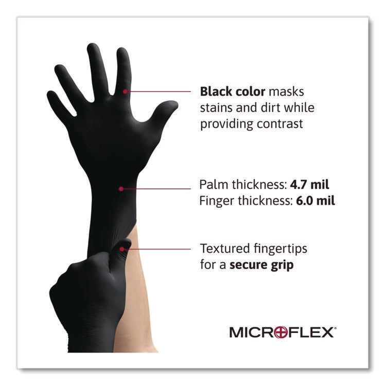 MICROFLEX MidKnight Powder-Free Nitrile Gloves, XX-Large, 4.7 mil (Palm), 5.9 mil (Fingers), 9.6" Long, Black, 100/Box