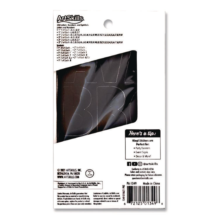 Poster and Bulletin Board Vinyl Letters and Numbers, 1" Tall Letters, 2" Tall Numbers, Black Characters, 250/Pack