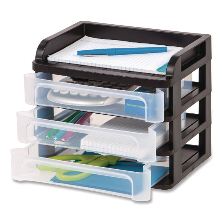Medium Three-Drawer Desktop Storage, 3 Sections, Letter Size Files, 14.25 X 11.88 X 11.25, Black/clear