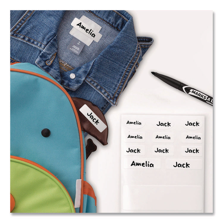 Avery Kids No-Iron Fabric Labels, Handwrite Only, Assorted Shapes and Sizes, White, 15 Labels/Sheet, 3 Sheets/Pack