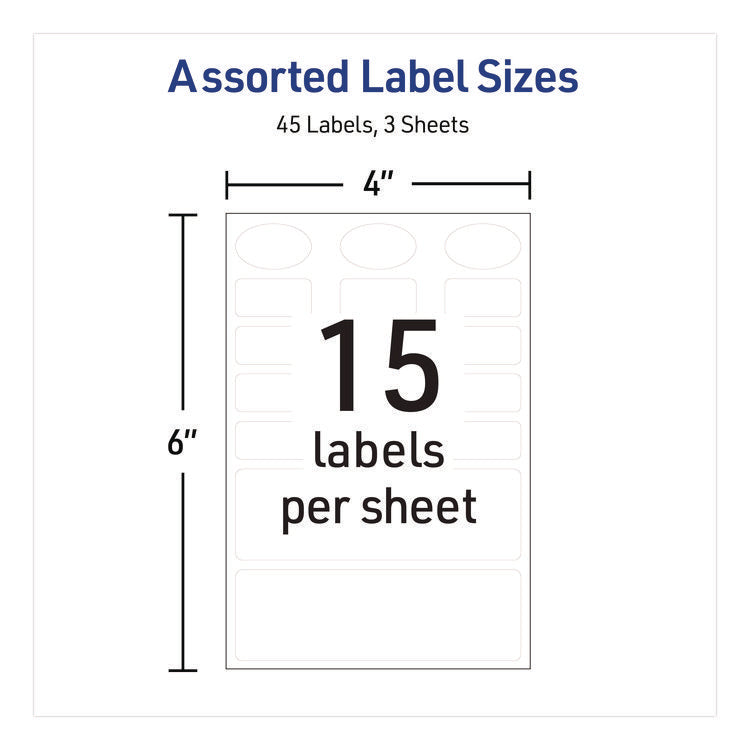 Avery Kids No-Iron Fabric Labels, Handwrite Only, Assorted Shapes and Sizes, White, 15 Labels/Sheet, 3 Sheets/Pack