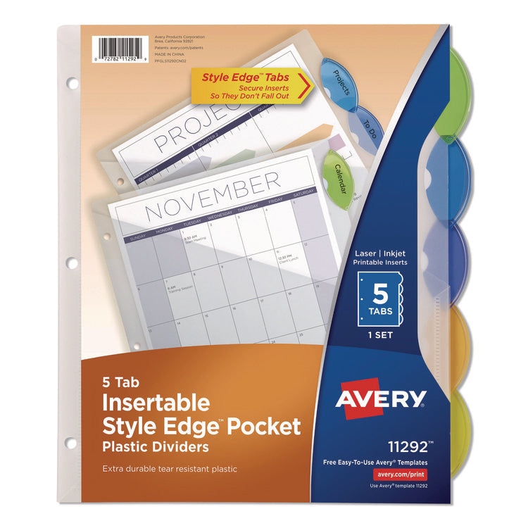 Insertable Style Edge Tab Plastic 1-Pocket Dividers, 5-Tab, 11.25 x 9.25, Translucent, 1 Set