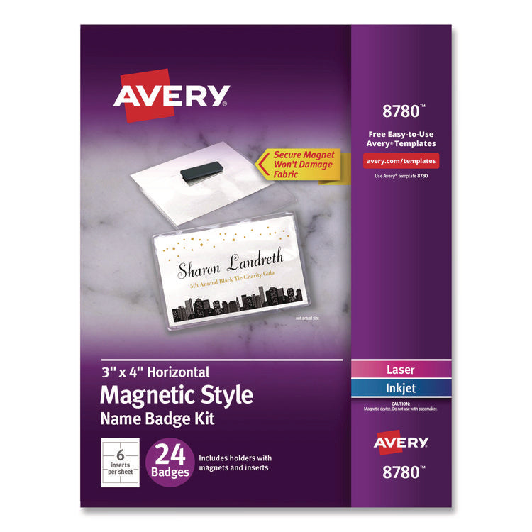 Magnetic Style Name Badge Kit, Horizontal, 4 X 3, White, 24/pack