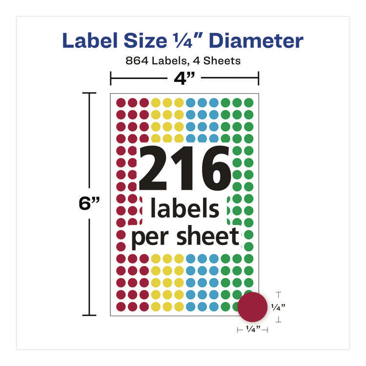 Handwrite-Only Self-Adhesive "See Through" Removable Round Color Dots, 0.25" dia, Assorted, 216/Sheet, 4 Sheets/Pack, (5796)