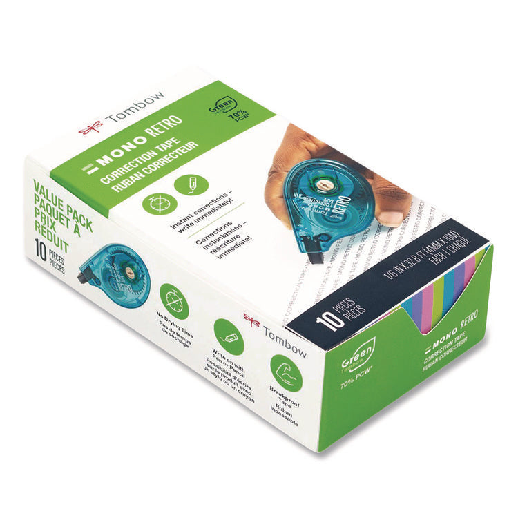 MONO Original Correction Tape, Assorted RetroColor Applicators, 0.17" x 394", 10/Pack
