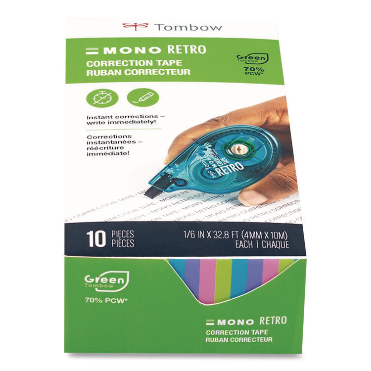 MONO Original Correction Tape, Assorted RetroColor Applicators, 0.17" x 394", 10/Pack