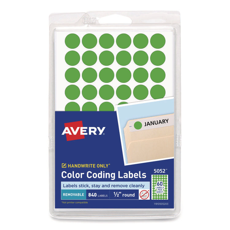 Handwrite Only Self-Adhesive Removable Round Color-Coding Labels, 0.5" dia, Neon Green, 60/Sheet, 14 Sheets/Pack, (5052)