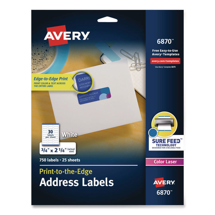 Vibrant Laser Color-Print Labels w/ Sure Feed, 0.75 x 2.25, White, 750/PK