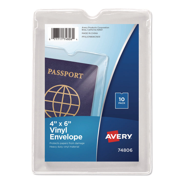 Heavyweight Clear Vinyl Envelope with Thumb Notch, Small Format: Passport Sized, 4 x 6, Clear, 10/Pack