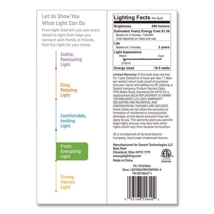 Classic LED SW Non-Dim A19 Light Bulb, 10.5 W, Soft White, 4/Pack