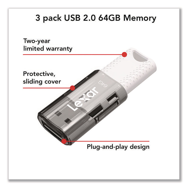 JumpDrive S60 USB 2.0 Flash Drive, 64 GB, Gray/White, 3/Pack