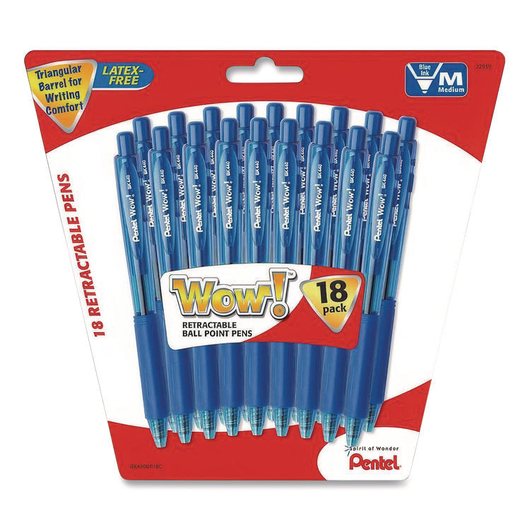 WOW! Ballpoint Pen, Retractable, Medium 0.7 mm, Blue Ink, Translucent Blue/Blue Barrel, 18/Pack