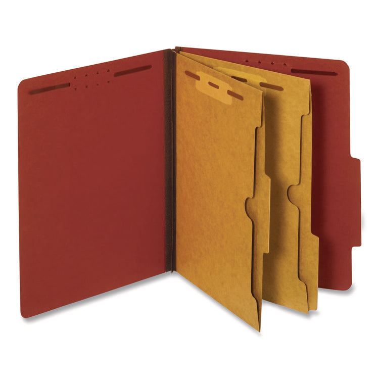 Pressboard Classification Folders, 2.5" Expansion, 2 Full-Pocket Dividers, 6 Fasteners, Letter Size, Red Exterior, 10/Box