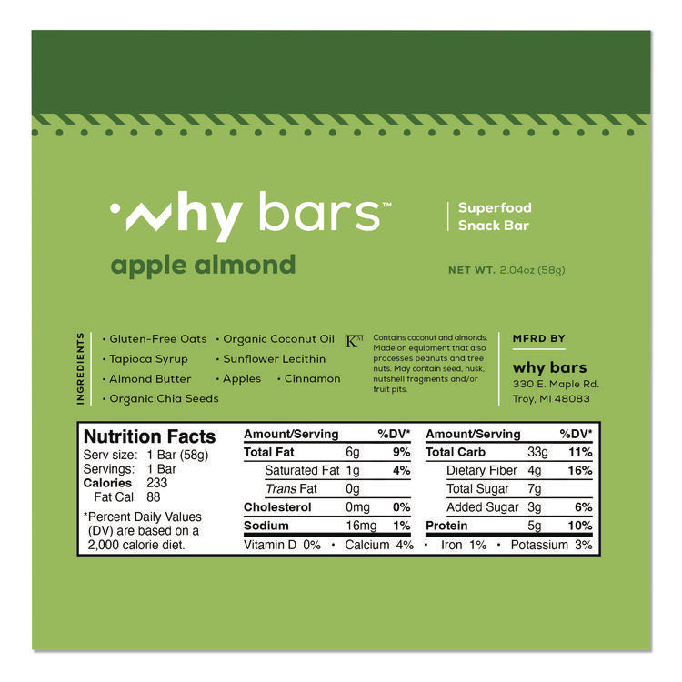 Superfood Snack Bar, Apple Almond, 2.04 oz Bar, 12/Box