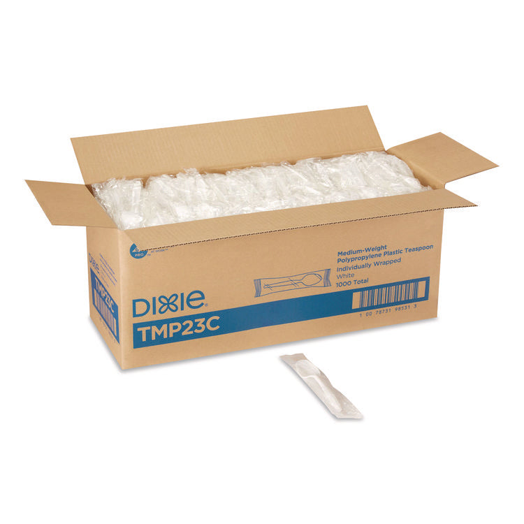 Mediumweight Polypropylene Cutlery, Individually Wrapped, Teaspoon, Plastic, White, 1,000/Carton