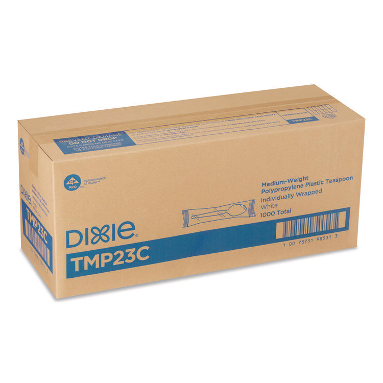 Mediumweight Polypropylene Cutlery, Individually Wrapped, Teaspoon, Plastic, White, 1,000/Carton