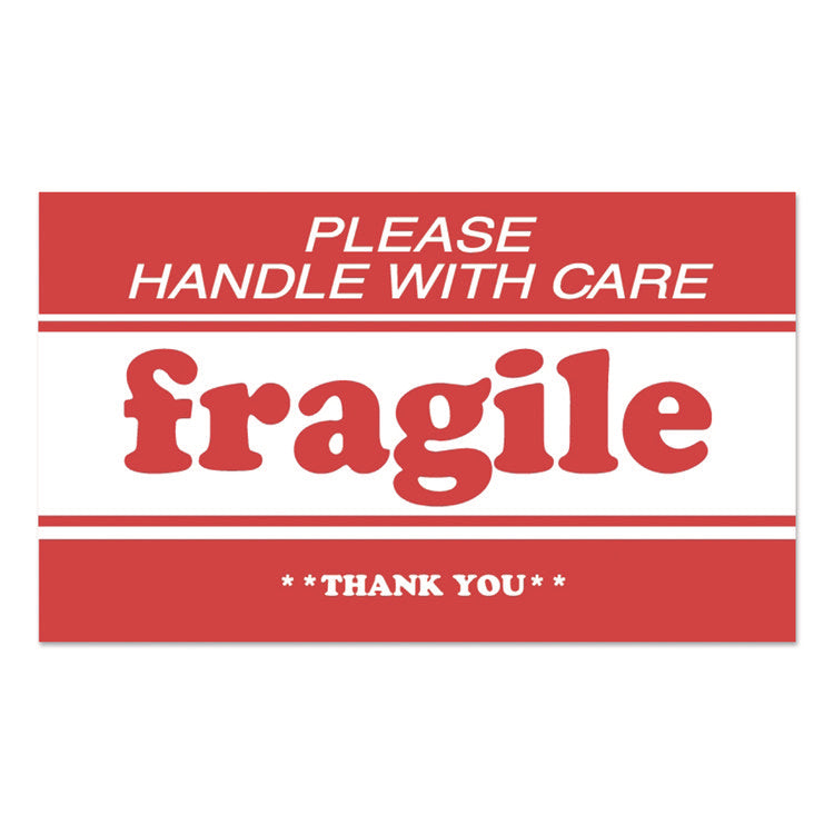 Pre-Printed Message Labels, Fragile-Please Handle With Care-Thank You, 2 X 3, White/red, 500/roll