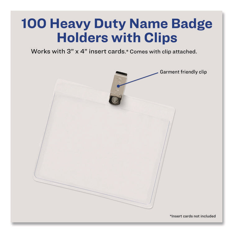 Heavy-Duty Clip-Style Badge Holders, Horizontal, 4 X 3, Clear, 100/box
