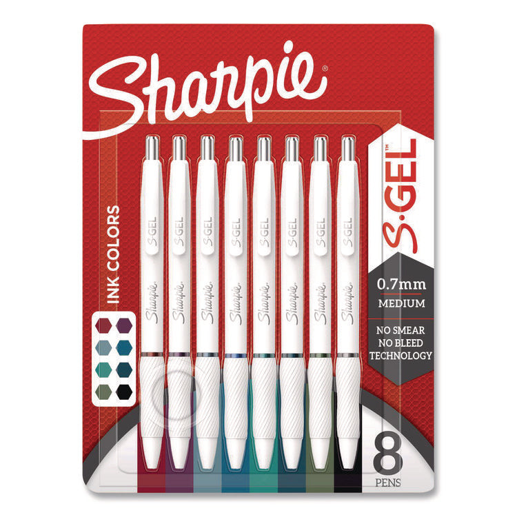 S-Gel Fashion Barrel Gel Pen, Retractable, Medium 0.7 mm, Assorted Ink, White Barrel, 8/Pack